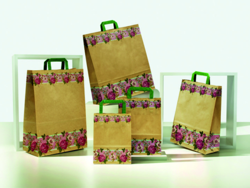 buste-shopper-carta-sealing-avana-maniglia-piatta verde-fascia fiorita-fantasia