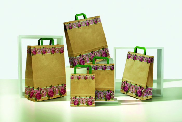 buste-shopper-carta-sealing-avana-maniglia-piatta verde-fascia fiorita-fantasia